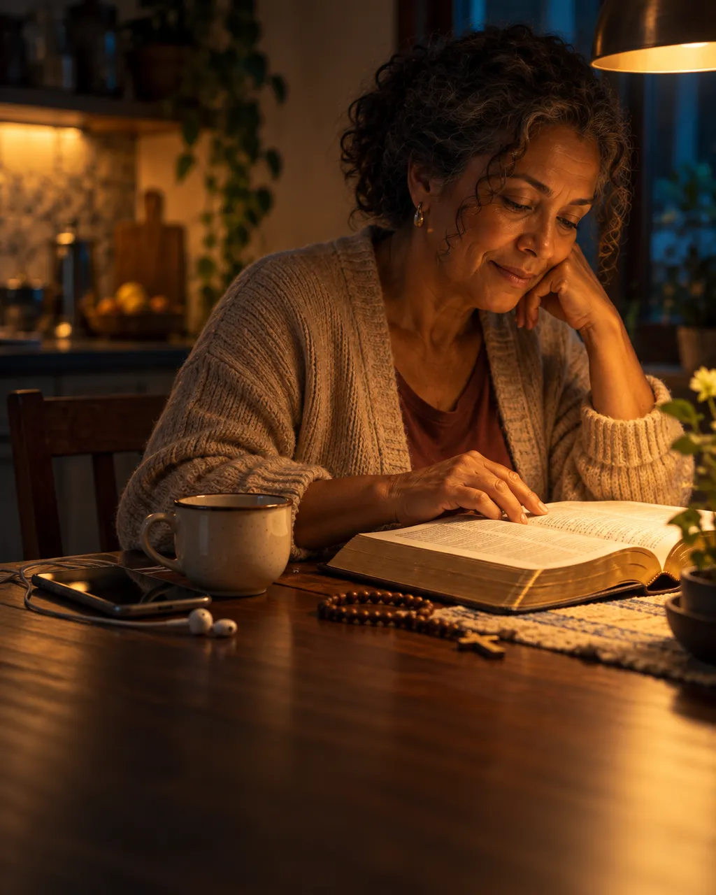 Senhora lendo a Bíblia à mesa da cozinha, com um terço e uma xícara de café, à luz de uma luminária
